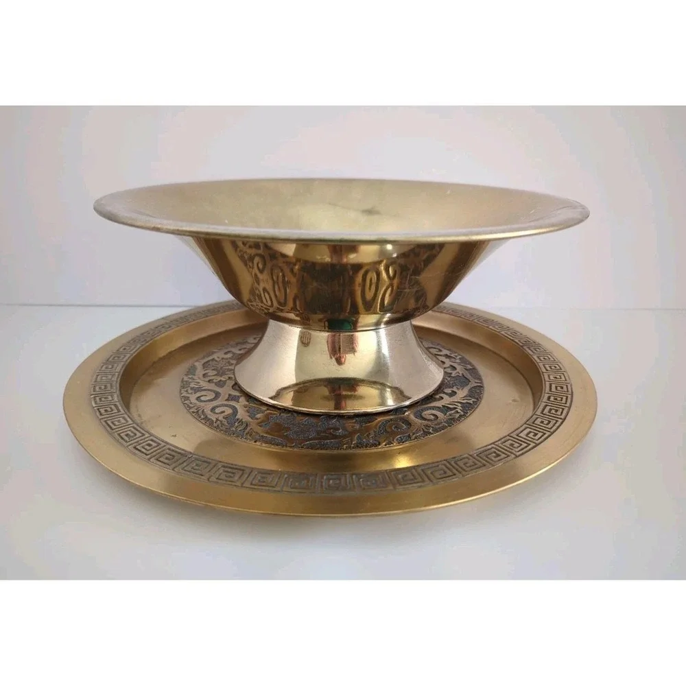 Vintage United Metal Goods Pedestal Bowl & Greek Key Tray Set Gold Decor 116